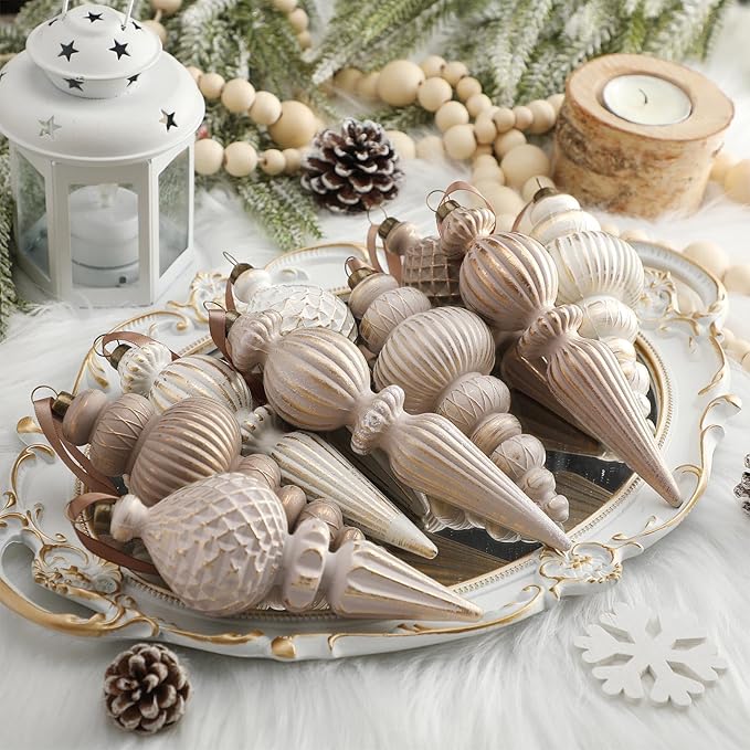 Yunlly 18 Pcs Neutral Christmas Ornaments Textured Christmas Tree Decor with Hanging Loop Modern Brown Hanging Finial Ornaments Shatterproof Home Decor for Xmas Vintage Rustic Farmhouse (Modern Color)