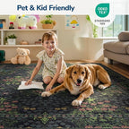 Lessymo Floral Extra Large Area Rug 10x14 for Living Room, Machine Washable Carpet for Bedroom, Soft Low Pile Non-Slip Rug for Dining Room Under Table, Boho Floral Design, Black Green