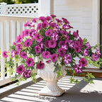 Artificial Fake Flowers Plants for Outdoors Spring Decoration, 2Pcs Faux Petunias with Greenery UV Resistant No Fade, Realistic Silk Flower for Outside Patio Planters Front Porch Window (Fuchsia)