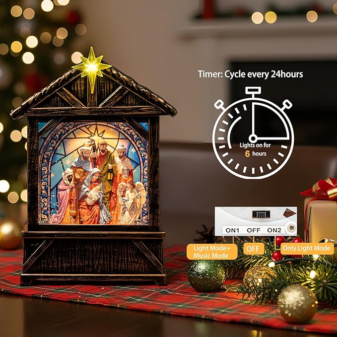 Christmas Snow Globe Lantern Water Glittering Nativity Manger with Star, USB Lined/Battery Operated Lighted Lantern for Christmas Festival Decoration Gifts