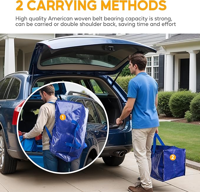 HealSmart 4 Pack Extra Large Moving Bags with Zippers & Carrying Handles, Heavy-Duty Storage Tote Moving Boxes for Dorm Room Essentials Storage Bags, Blue