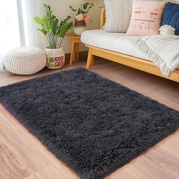 Small Rugs for Bedroom, Fluffy 2x3 Rug Throw Non Slip for Bedside Dorm Kids Room, Plush Comfy Shag Carpet for Home Decor Aesthetic, Charcoal Gray