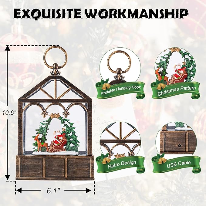 Christmas Snow Globes Musical Lantern Snow Globe Santa Clause Reindeer Sleigh Water Snow Globe Glittering Portable Hanging Tabletop Decorative Lantern Christmas Home Décor