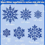 36pcs Christmas Navy Blue Snowflake Ornaments Plastic Glitter Snow Flakes Ornaments for Winter Christmas Tree Decorations Size Varies Craft Snowflakes