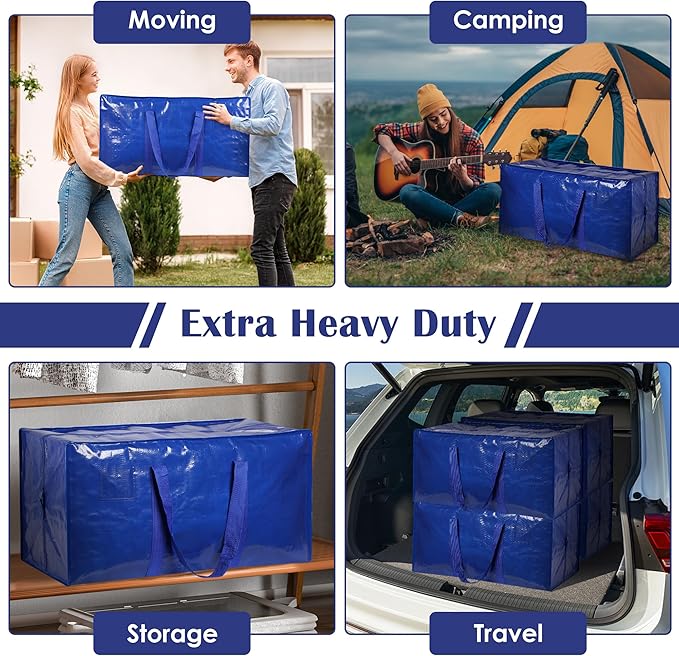 6 Pack Extra Large Heavy Duty Moving Bags with Reinforced Zipper & Wide Handles, Moisture-Resistant Storage Bins Packing Cubes for Clothes, College Dorm, Travel, and Home Organization, Blue