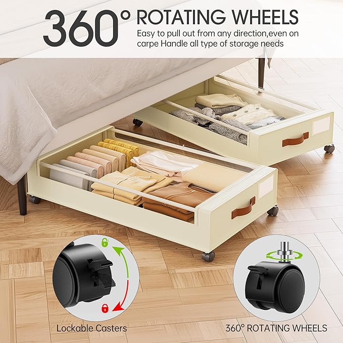 Yecaye 4 Pack Under Bed Storage with Wheels, Under Bed Storage Containers with Lids, Large Under Bed Rolling Storage with Clear Window & Label, Rolling Drawers for Clothes, Blankets, Books