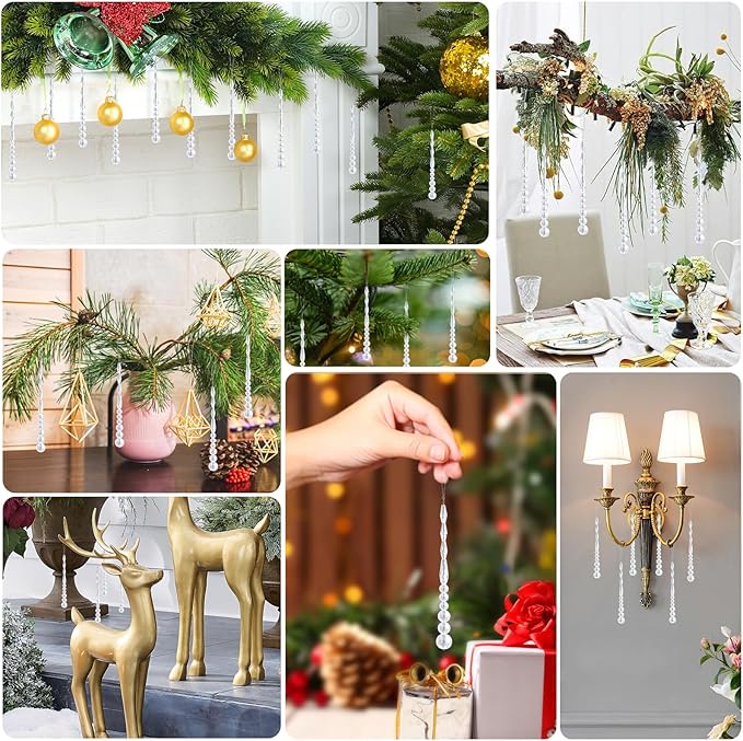 12pcs Crystal Icicle Christmas Tree Ornaments, Glass Beads Hanging Chandelier Pendants for Christmas Party Wedding Winter Decorations (White Clear)