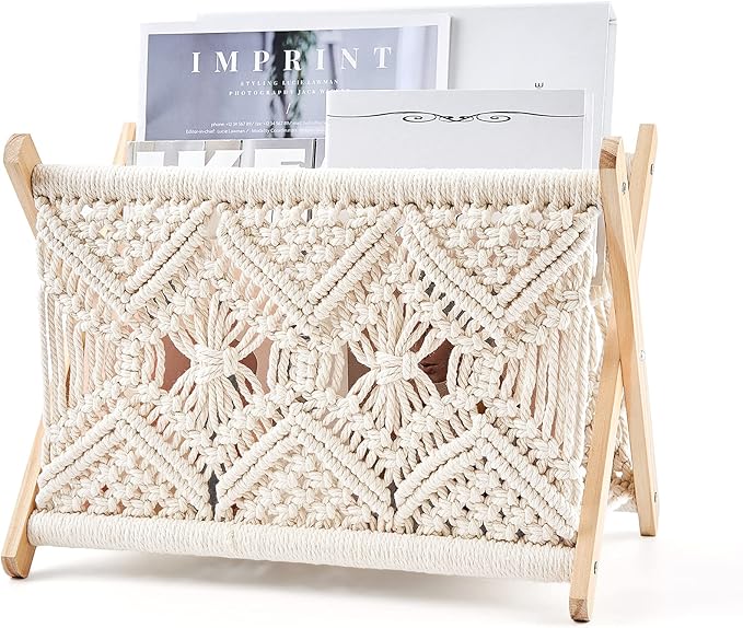 Mkono Macrame Magazine Rack Boho Storage Holder Standing Basket for Books, Newspapers, Swaddle Blanket, Dorm Essentials, Living Room, Bathroom, Office, Nursery, Home Decor, Medium Size, 14”L x 10”W
