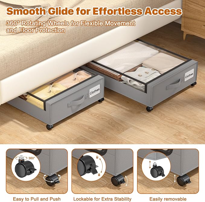 Under Bed Storage with Wheels,XXL 60L Under Bed Storage Containers with Clear Lids, Rolling Under Bed Metal Drawer for Clothes, Shoes,Toys(Gray, 2 Pack)