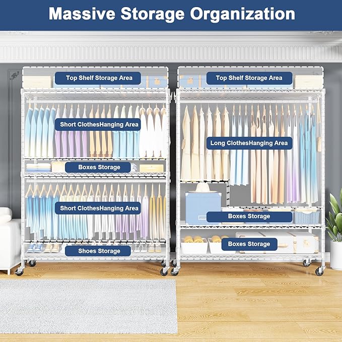 P8C Max Heavy Duty Clothes Rack（With Extended Width Design） Rolling Clothing Racks for Hanging Clothes with Lockable Wheels，51.2" W x 15.8" D x 80.5" H，Load 700LBS，White Rack with Grey Cover