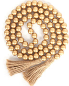 58in Wood Bead Garland with Tassels, Farmhouse Rustic Country Decor Prayer Boho Wall Hanging Decoration (Gold)