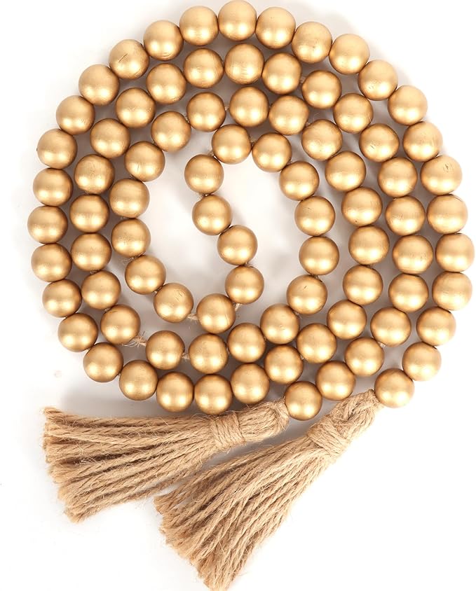 58in Wood Bead Garland with Tassels, Farmhouse Rustic Country Decor Prayer Boho Wall Hanging Decoration (Gold)