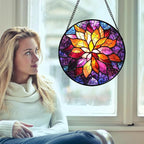 Stained Glass Window Hanging, Fuchsia Abstract Flowers Suncatcher for Window Home Decor Orange Sun Catcher Mother's Day Birthday Gifts for Women Men Mom Nana 15 in