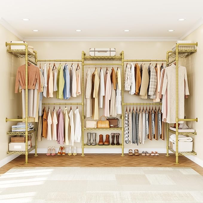 U5 Wall Mounted Closet System, Industrial Pipe Clothing Rack Garment Racks for Hanging Clothes, Heavy Duty Closet Organizers System in Wardrobe Closet, Gold
