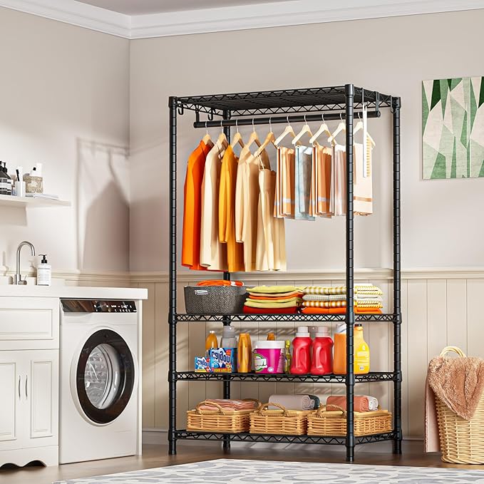 Ulif H4 Portable Closets, 4-Tier Metal Clothes Garment Rack for Bedroom and Cloakroom, Clothing Closet Storage and Organizer Wardrobe, 35.4" W x 14" D x 76.4" H, Black