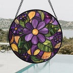 Stained Glass Window Hanging, Purple Green Flowers Sun Catcher for Door Home Decor Plants Suncatcher Christmas Mother's Day Birthday Gifts for Women Men Mom and Nana 6.3 in