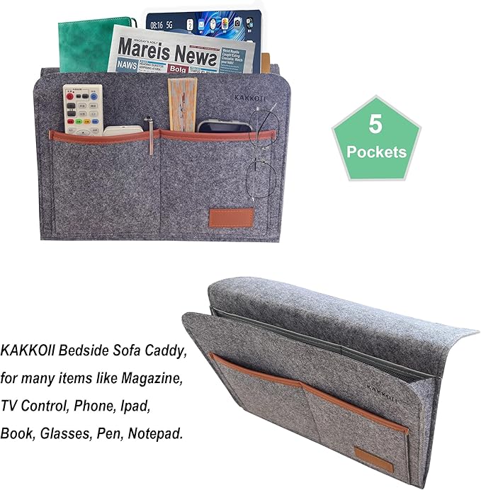 Bedside Caddy, Sofa Caddy, Storage Organizer Pocket for Dorm, Bedroom, 5 Pockets Felt Organizer for Magazine, Remote, Phone, Tablet, Pad, Glasses, Pen, Remote Control (Grey-Short)