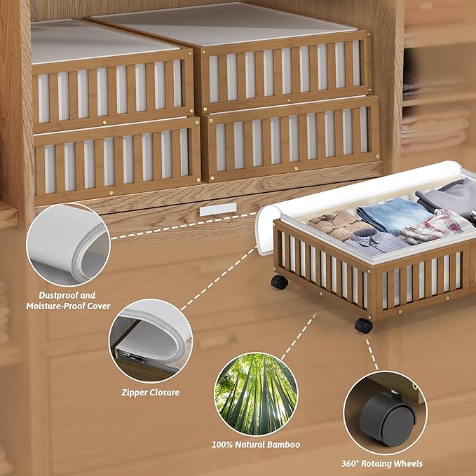 Under Bed Storage Containers with Wheels, 2 Pack Bamboo Under the Bed Shoe Storage Bins, Wood Rolling Underbed Drawers Organizer for Bedroom, Closet Clothes Blanket Comforter Under Crib Toy Walunt