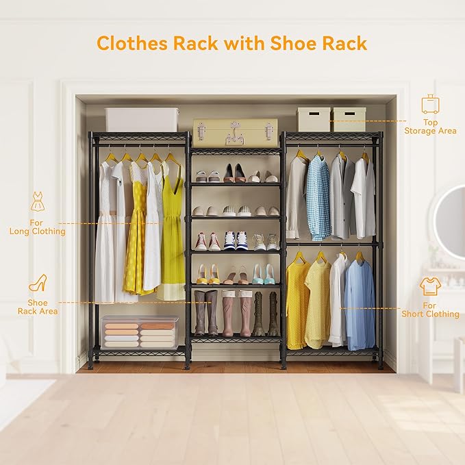 H12 Heavy Duty Clothes Rack with Adjustable 5-Tier Shoe Rack, Freestanding Clothing Racks for Hanging Clothes, Metal Shoe Organizer Large Closet Racks, 15.7" D x 68.7" W x 76.4" H, Black