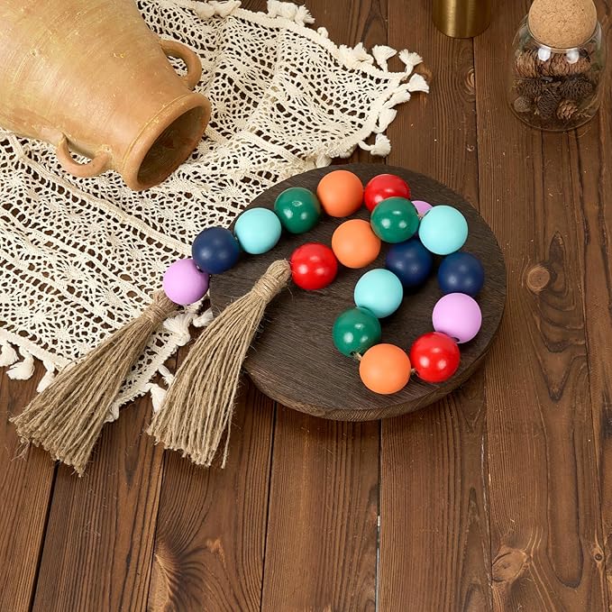 OMISHE Extra Large Wood Bead Garland Colorful with 1.6" Diameter Wooden Beads and Tassels, 41" Long Rustic Farmhouse Country Decorative Beads for Home Tiered Tray Decor, Colorful