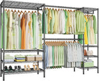 Ulif E11 Heavy-Duty Garment Rack, Metal Freestanding Clothes Rack and Closet Storage Organizer System with 8 Shelves and 4 Hanger Rods, (73.2-97.6)" W x 14.5" D x 71.2" H, Load 1034 LBS, Black