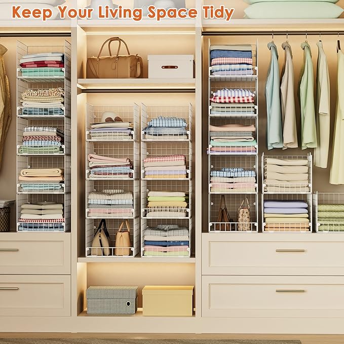 5-Tier Stackable Closet Storage Shelves, Closet Organizers and Storage Basket, Foldable & Stackable Clothes Organizer for Closet Organizer System,Space-Saving Closet Storage Shelf for Home ,White