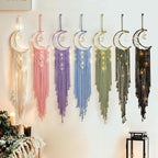ANROYE Boho Macrame Woven Wall Hanging, Crochet Crescent Moon Star Dream Catcher with Long Tassel- White Cotton Handmade Bohemian Nursery Decor Decoration Art Craft for Kids Bedroom Dorm Room