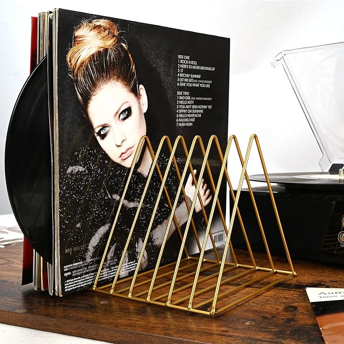 Udreamer 9 Slot Record Holder,Desktop Vinyl Record Storage Holds Up 30 LPs,Metal Magazine Holder Triangle File Holder for Office Homer,Golden