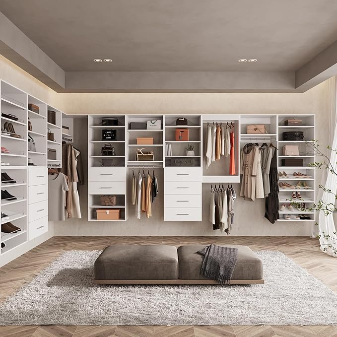 ROOMTEC Modular Closet System, 96" Wall Mounted Closet Organizer with Hanging Rods and Shoe Shelf, Wooden Tower for Walk-In Closets, Wardrobe Storage Kit, White