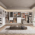 ROOMTEC Modular Closet System, 90" Wall Mounted Modern Closet Organizer with Hanging Rods and Shoe Shelf, Wooden Tower for Walk-In Closets, Wardrobe Storage Kit, White