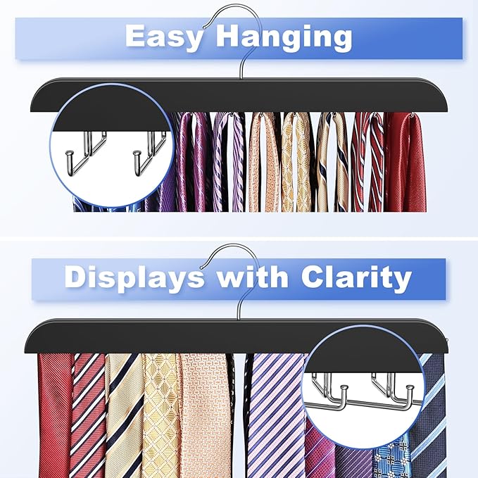 Upgraded Tie Rack Hanger with 20 Foldable Metal Hooks, Space Saving Necktie Organizer for Men – Large Capacity Tie and Belt Wooden Hanger for Closet - Black