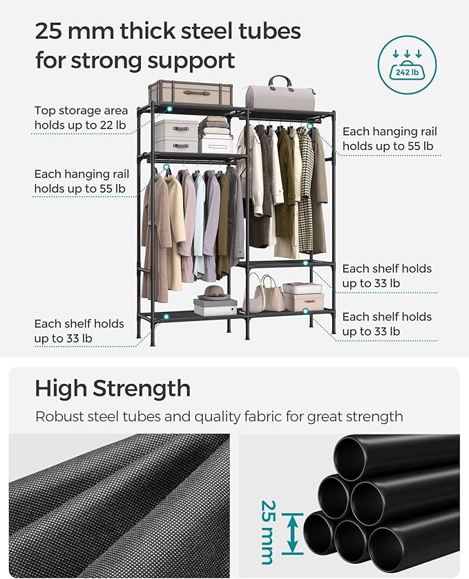 SONGMICS Heavy Duty Clothes Rack, 65 Inch Freestanding Portable Wardrobe with Hanging Rails and Shelves, Total Load 242 lb, Easy Assembly, for Cloakroom, Bedroom, Black URDR201B02