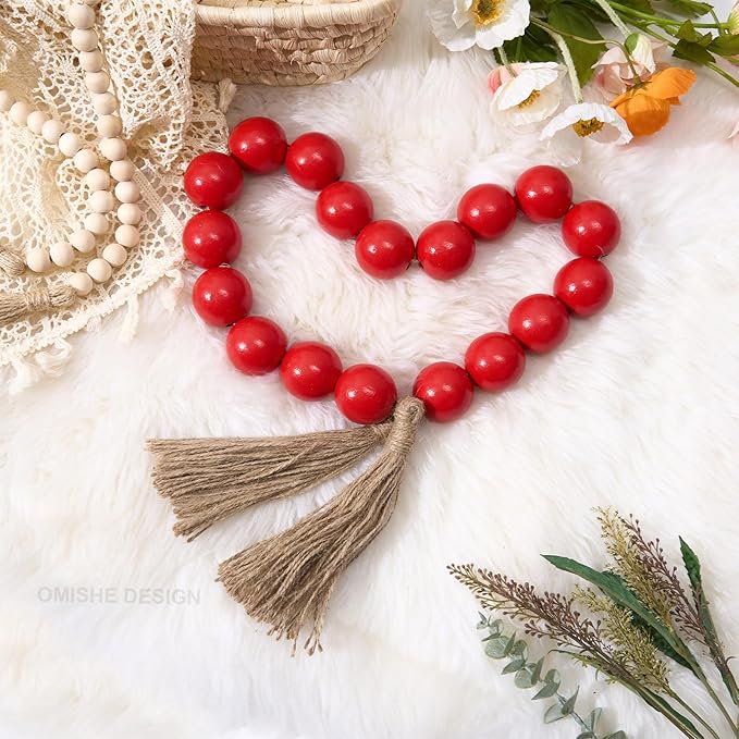 OMISHE Extra Large Wood Bead Garland Red with 1.6" Diameter Wooden Beads and Tassels, 41" Long Rustic Farmhouse Country Decorative Beads for Home Tiered Tray Decor, Red