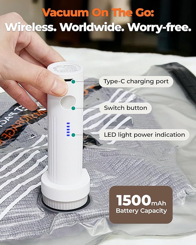 BAGSMART Rechargeable Wireless Pump Travel Storage Bags Set, Portable Space Saver Bags for Travel & Home, Vacuum Compression Seal Bag for Clothing- 21 combo bags
