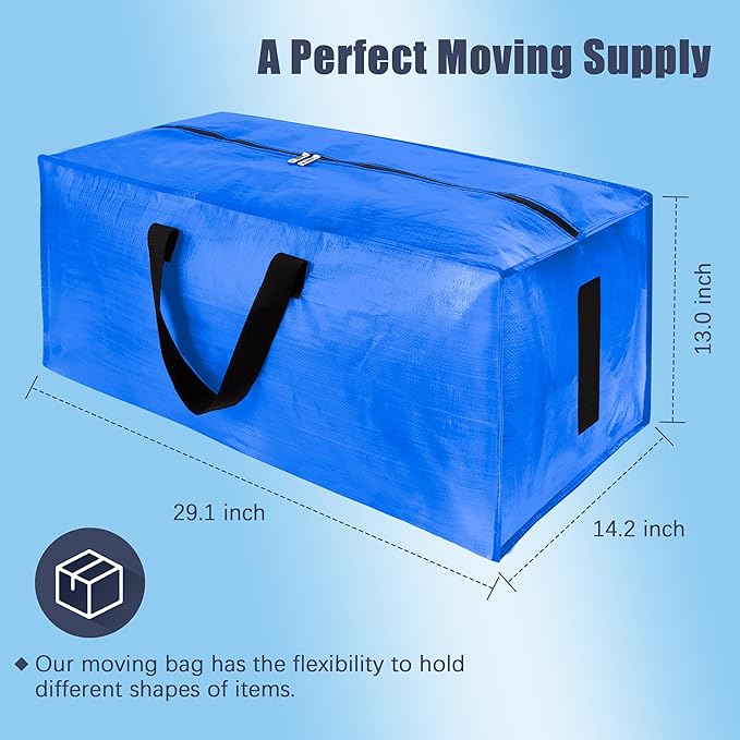 4 Pack Large Strong Moving Bags with Zippers & Carrying Handles - Water-Resistant - Heavy Duty Storage Tote for Space Saving, Fold Flat, Alternative to Moving Box (Sky Blue)