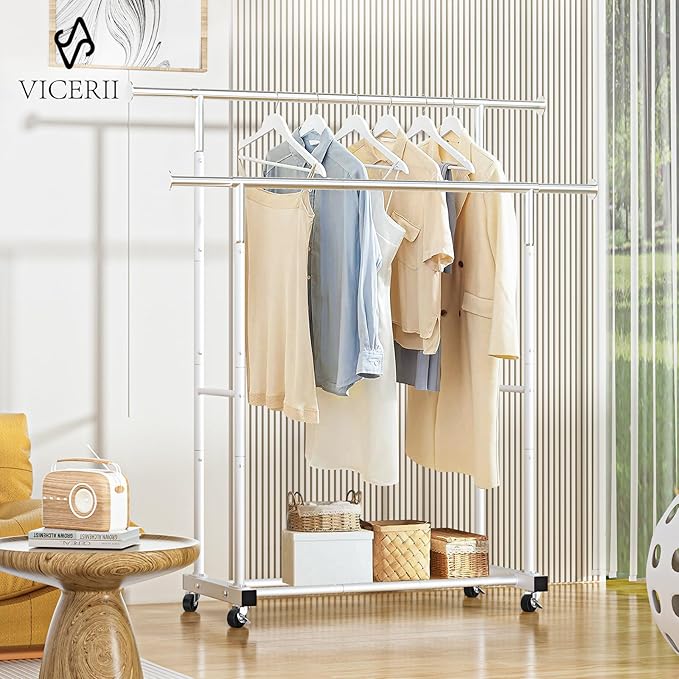 Double Clothing Rack, 55.51 Inch Garment Rack with Wheels and Bottom Shelf, 130LB Capacity Heavy Duty Rolling Clothes Racks for Hanging Clothes, Coats, Shirts, Sweaters, Skirts, White