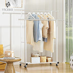 Double Clothing Rack, 55.51 Inch Garment Rack with Wheels and Bottom Shelf, 130LB Capacity Heavy Duty Rolling Clothes Racks for Hanging Clothes, Coats, Shirts, Sweaters, Skirts, White