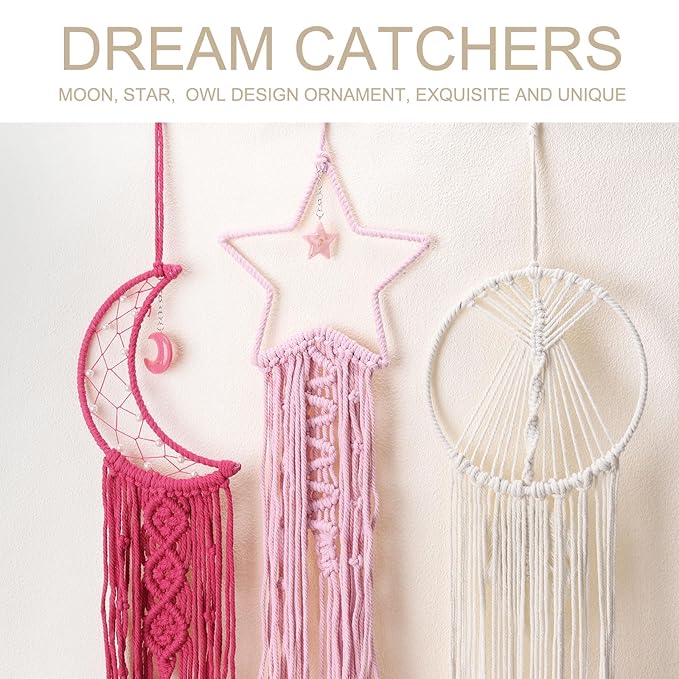 MECCANIXITY Macrame Dream Catchers, Rose Red Handmade Star Design Woven Cotton Dream Catcher Wall Hanging for Home Bedroom Decoration Ornament Craft Gift