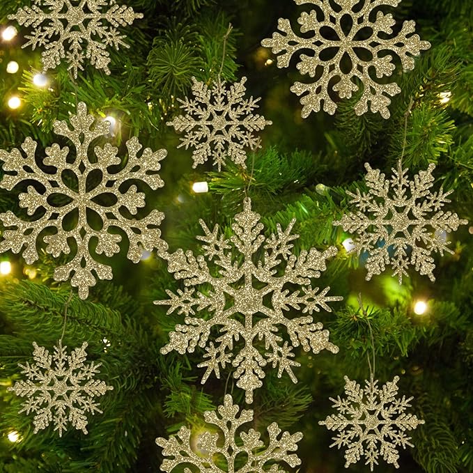 36pcs Christmas Gold Snowflake Ornaments Plastic Glitter Snow Flakes Ornaments for Winter Christmas Tree Decorations Size Varies Craft Snowflakes