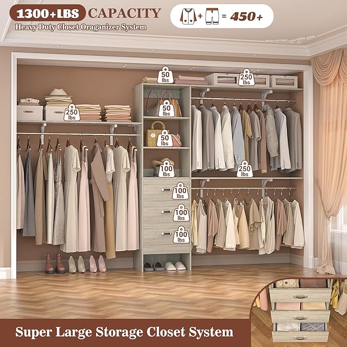 Armocity 120 Inches Closet System, 10FT Walk In Closet Organizer with 3 Shelving Towers, Heavy Duty Clothes Rack with 3 Drawers, Built-In Garment Rack, 120" L x 16" W x 75" H, Load 1300 LBS, White Oak
