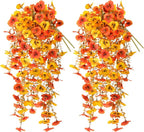 Artificial Fall Flowers for Outdoor, 4 Pcs Faux Pansy Fake Mums Plant Hanging Flowers Outdoor Fall Decor, UV Resistant No Fade Silk Flower for Front Door Porch Planter Patio Yard Garden(Orange Golden)
