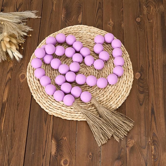 OMISHE 76" Long Large Wood Bead Garland with 1.6" Diameter Wooden Beads and Tassels, Rustic Farmhouse Country Wood Beads Garland for Home Tiered Tray Decor, Decorative Beads with Tassels Purple