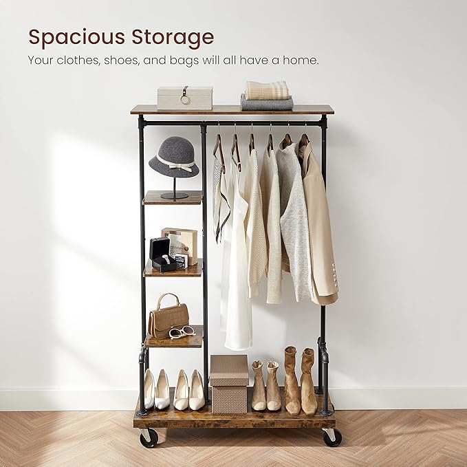 VASAGLE Clothes Rack, Clothing Garment Rack on Wheels, Rolling Clothes Organizer with 5-Tier, Industrial Pipe Style, Rustic Brown UHSR66BX