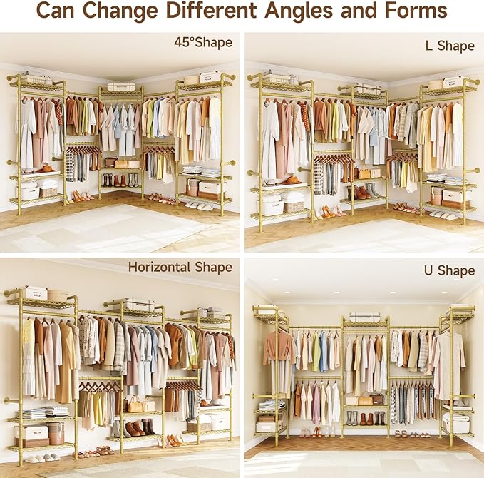 U5 Wall Mounted Closet System, Industrial Pipe Clothing Rack Garment Racks for Hanging Clothes, Heavy Duty Closet Organizers System in Wardrobe Closet, Gold