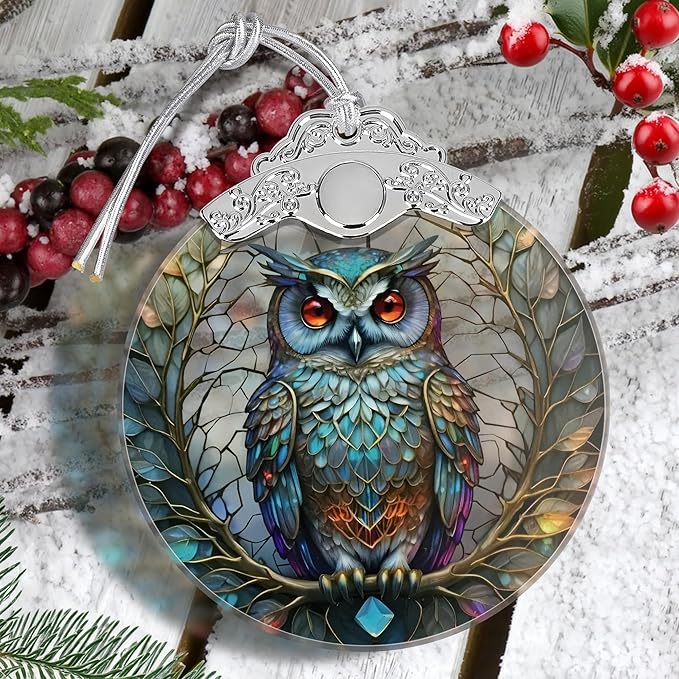 Owl Christmas Ornament - Stained Glass Hanging Tree Decoration, Holiday Home Decor, Gift Exchange Idea