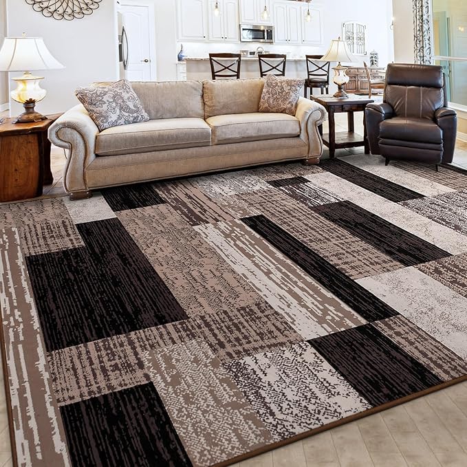 FlyDOIT Modern Geometric Patchwork Area Rug, 7x10 Chocolate Large Rugs for Living Room, Rockwood Collection Indoor Rugs for Bedroom, Throw Carpet Floor Decor for Entryway Dining Room Office Nursery