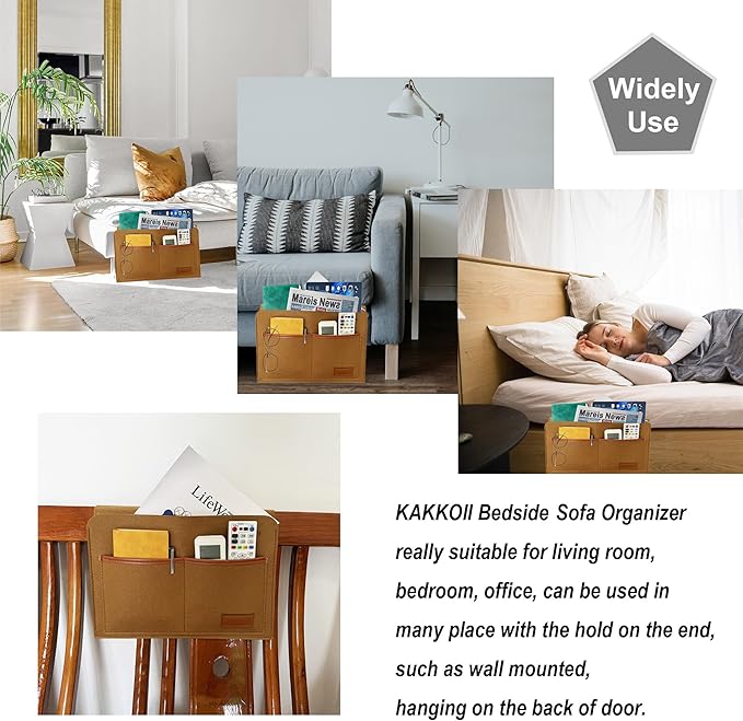 Bedside Caddy, Sofa Caddy, Storage Organizer Pocket for Dorm, Bedroom, 5 Pockets Felt Organizer for Magazine, Remote, Phone, Tablet, Pad, Glasses, Pen, Remote Control (Brown-Short)