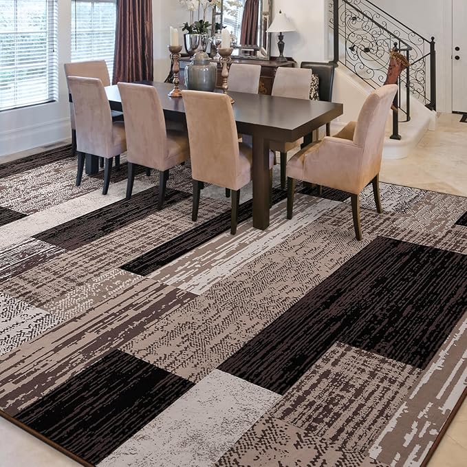 FlyDOIT Modern Geometric Patchwork Area Rug, 5x8 Chocolate Large Rugs for Living Room, Rockwood Collection Indoor Rugs for Bedroom, Throw Carpet Floor Decor for Entryway Dining Room Office Nursery