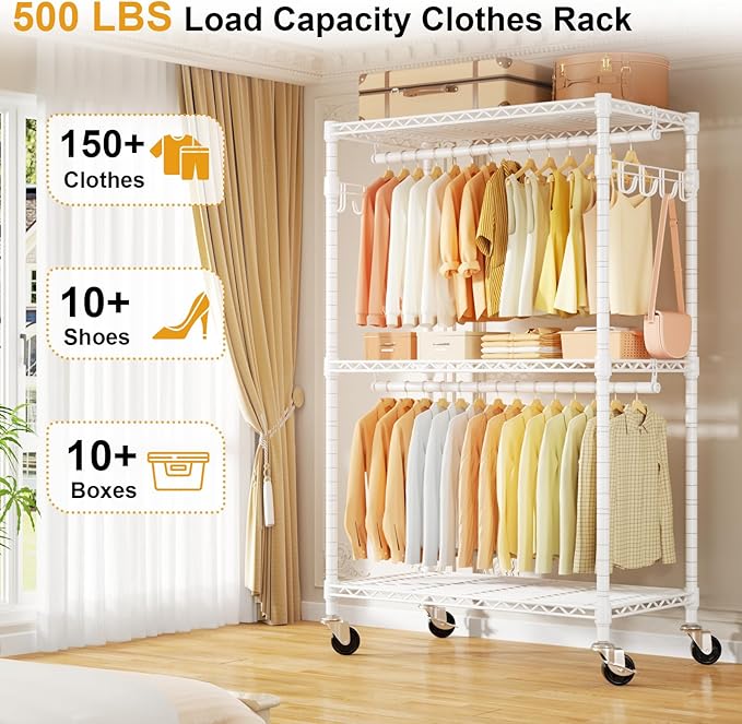 P1 Rolling Clothes Rack Heavy Duty, Metal Closet Clothing Rack with Lockable Wheels, Portable Wardrobe Closet for Hanging Clothes, 35.5" W x 15.7" D x 80.5" H, Hold 500lbs, White