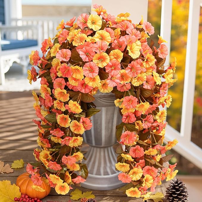 HyeFlora Artificial Fake Fall Hanging Flowers Plants for Outdoor Decor, 2PCS Faux Silk Fall Morning Glory Trailing Vines UV Resistant Look Real for Autumn Home Planter Porch Patio (Orange+Yellow)